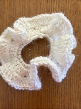 Handmade White mohair and cotton Crochet Ruffle Scrunchie